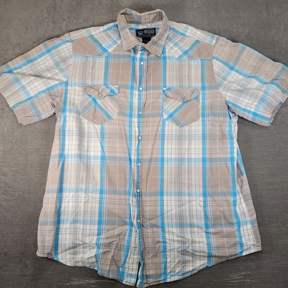 Legend One Western Shirt Mens XXLT Blue Tan Plaid Pearl Snap Short Sleeve Cotton